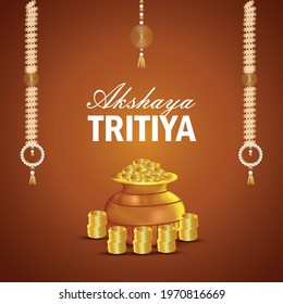 Akshaya tritiya indian festival of jewellery sale promotion with gold coin pot and traditional kalash