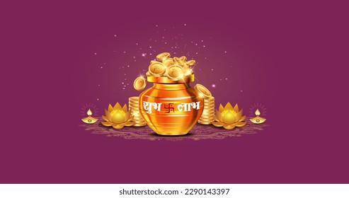 Akshaya Tritiya, Indian Hindi text Shubh Labh (Profit and Prosperity). Akshaya Tritiya Festival traditional background. Kalash filled with Golden Coins. Vector illustration.