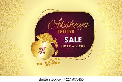 Akshaya tritiya indian jewellery sale discount background with gold coin pot