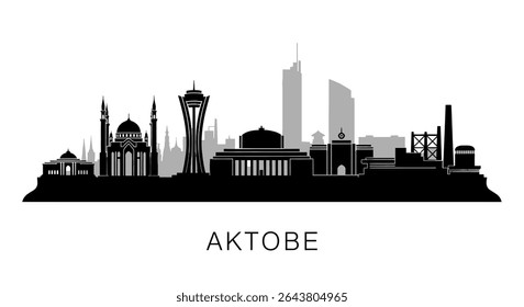 Aktobe City Skyline with Kazakhstan, and Black Silhouette.