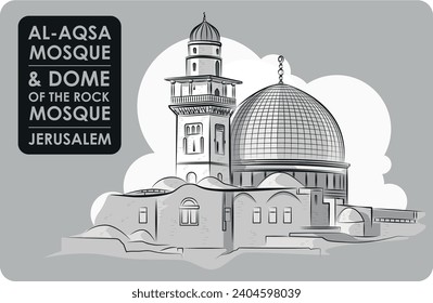 Al aqsa Mosque and Dome of the rock Outline drawing with vector. an Islamic religious site that houses the headstone.