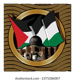 al aqsa mosque and palestine flag in golden circle with white background