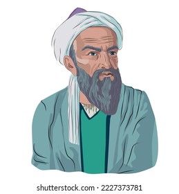 Al Biruni, (Alberuni, Aliboron) portrait vector illustration. (973 - 1048). His full name is Ebu Reyhan Muhammed bin Ahmed el Biruni. He has worked in the fields of Mathematics, Astronomy, Geography