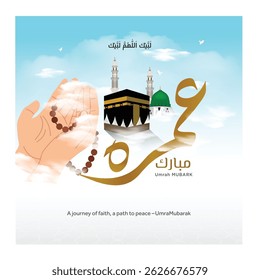 Al Hajj and Umrah Mubarak. Arabic calligraphy Translations: Hajj Mubarak with Muslim man in hand tasbih during pray in Kaaba background 3D vector Illustration.