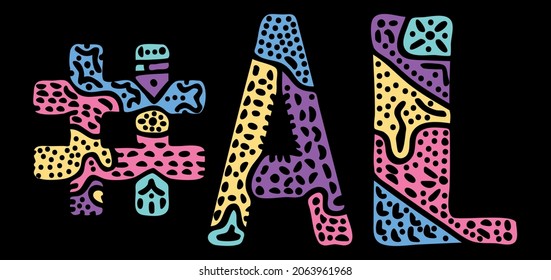 Etiqueta AL. Las letras de doodle de curvas aisladas brillantes multicolores. La etiqueta #AL es una abreviatura del estado norteamericano de Alabama para redes sociales, recursos web, aplicaciones móviles.