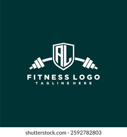 AL initial monogram for fitnes or gym logo with creative shield and barbell design
