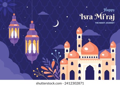 Al Isra Wal Miraj background. isra miraj celebration. The night journey of the Prophet Muhammad. February 7. Cartoon Vector illustration design for Poster, Banner, Greeting, Card, Flyer, Post, Cover.