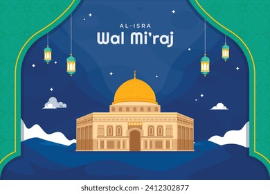 Al Isra Wal Miraj background. isra miraj celebration. The night journey of the Prophet Muhammad. February 7. Cartoon Vector illustration design for Poster, Banner, Greeting, Card, Flyer, Post, Cover.