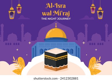 Al Isra Wal Miraj background. isra miraj celebration. The night journey of the Prophet Muhammad. February 7. Cartoon Vector illustration design for Poster, Banner, Greeting, Card, Flyer, Post, Cover.