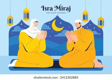 Al Isra Wal Miraj background. isra miraj celebration. The night journey of the Prophet Muhammad. February 7. Cartoon Vector illustration design for Poster, Banner, Greeting, Card, Flyer, Post, Cover.