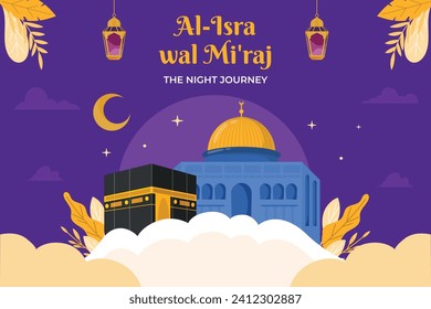 Al Isra Wal Miraj background. isra miraj celebration. The night journey of the Prophet Muhammad. February 7. Cartoon Vector illustration design for Poster, Banner, Greeting, Card, Flyer, Post, Cover.