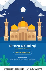 Al Isra Wal Miraj background. isra miraj celebration. The night journey of the Prophet Muhammad. February 7. Cartoon Vector illustration design for Poster, Banner, Greeting, Card, Flyer, Post, Cover.