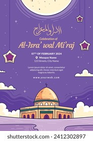 Al Isra Wal Miraj background. isra miraj celebration. The night journey of the Prophet Muhammad. February 7. Cartoon Vector illustration design for Poster, Banner, Greeting, Card, Flyer, Post, Cover.