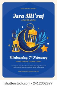 Al Isra Wal Miraj background. isra miraj celebration. The night journey of the Prophet Muhammad. February 7. Cartoon Vector illustration design for Poster, Banner, Greeting, Card, Flyer, Post, Cover.