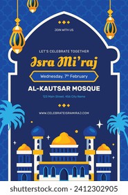 Al Isra Wal Miraj background. isra miraj celebration. The night journey of the Prophet Muhammad. February 7. Cartoon Vector illustration design for Poster, Banner, Greeting, Card, Flyer, Post, Cover.