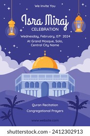 Al Isra Wal Miraj de fondo. celebración de isra miraj. El viaje nocturno del Profeta Mahoma. 7 de febrero. Diseño de ilustración de vectores de caricatura para afiches, banner, saludo, tarjeta, volante, publicación, portada.