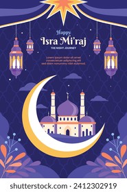 Al Isra Wal Miraj background. isra miraj celebration. The night journey of the Prophet Muhammad. February 7. Cartoon Vector illustration design for Poster, Banner, Greeting, Card, Flyer, Post, Cover.