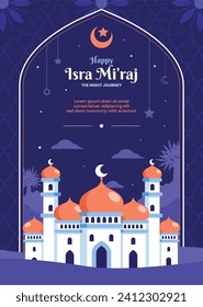 Al Isra Wal Miraj Hintergrund. Isra miraj Feier. Die Nachtreise des Propheten Mohammed. 7. Februar. Cartoon Vektorgrafik Design für Poster, Banner, Gruß, Karte, Flyer, Post, Cover.