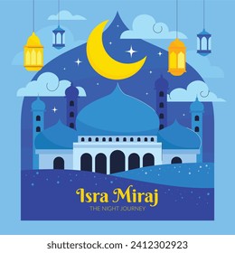 Al Isra Wal Miraj background. isra miraj celebration. The night journey of the Prophet Muhammad. February 7. Cartoon Vector illustration design for Poster, Banner, Greeting, Card, Flyer, Post, Cover.