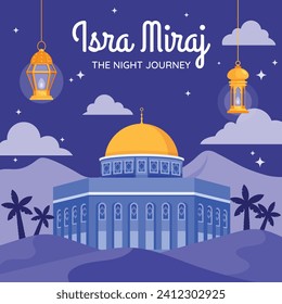 Al Isra Wal Miraj background. isra miraj celebration. The night journey of the Prophet Muhammad. February 7. Cartoon Vector illustration design for Poster, Banner, Greeting, Card, Flyer, Post, Cover.
