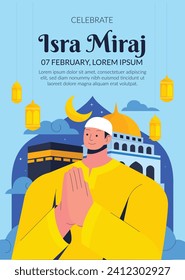 Al Isra Wal Miraj background. isra miraj celebration. The night journey of the Prophet Muhammad. February 7. Cartoon Vector illustration design for Poster, Banner, Greeting, Card, Flyer, Post, Cover.