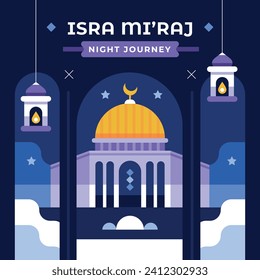 Al Isra Wal Miraj background. isra miraj celebration. The night journey of the Prophet Muhammad. February 7. Cartoon Vector illustration design for Poster, Banner, Greeting, Card, Flyer, Post, Cover.