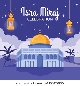 Al Isra Wal Miraj background. isra miraj celebration. The night journey of the Prophet Muhammad. February 7. Cartoon Vector illustration design for Poster, Banner, Greeting, Card, Flyer, Post, Cover.