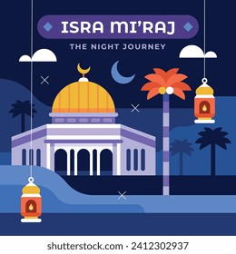 Al Isra Wal Miraj background. isra miraj celebration. The night journey of the Prophet Muhammad. February 7. Cartoon Vector illustration design for Poster, Banner, Greeting, Card, Flyer, Post, Cover.