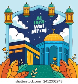 Al Isra Wal Miraj background. isra miraj celebration. The night journey of the Prophet Muhammad. February 7. Cartoon Vector illustration design for Poster, Banner, Greeting, Card, Flyer, Post, Cover.