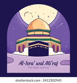 Al Isra Wal Miraj de fondo. celebración de isra miraj. El viaje nocturno del Profeta Mahoma. 7 de febrero. Diseño de ilustración de vectores de caricatura para afiches, banner, saludo, tarjeta, volante, publicación, portada.