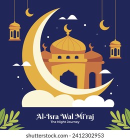 Al Isra Wal Miraj background. isra miraj celebration. The night journey of the Prophet Muhammad. February 7. Cartoon Vector illustration design for Poster, Banner, Greeting, Card, Flyer, Post, Cover.