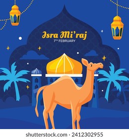 Al Isra Wal Miraj background. isra miraj celebration. The night journey of the Prophet Muhammad. February 7. Cartoon Vector illustration design for Poster, Banner, Greeting, Card, Flyer, Post, Cover.