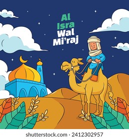 Al Isra Wal Miraj background. isra miraj celebration. The night journey of the Prophet Muhammad. February 7. Cartoon Vector illustration design for Poster, Banner, Greeting, Card, Flyer, Post, Cover.