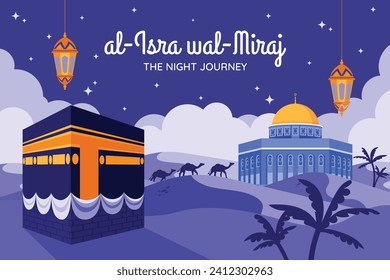 Al Isra Wal Miraj background. isra miraj celebration. The night journey of the Prophet Muhammad. February 7. Cartoon Vector illustration design for Poster, Banner, Greeting, Card, Flyer, Post, Cover.
