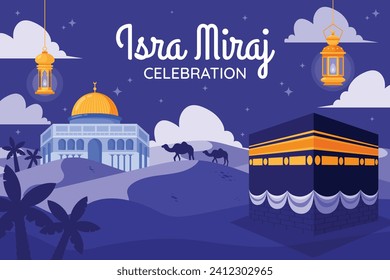 Al Isra Wal Miraj background. isra miraj celebration. The night journey of the Prophet Muhammad. February 7. Cartoon Vector illustration design for Poster, Banner, Greeting, Card, Flyer, Post, Cover.