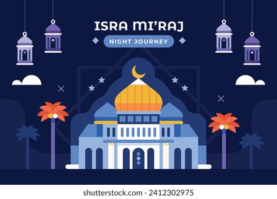 Al Isra Wal Miraj background. isra miraj celebration. The night journey of the Prophet Muhammad. February 7. Cartoon Vector illustration design for Poster, Banner, Greeting, Card, Flyer, Post, Cover.