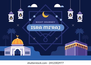 Al Isra Wal Miraj background. isra miraj celebration. The night journey of the Prophet Muhammad. February 7. Cartoon Vector illustration design for Poster, Banner, Greeting, Card, Flyer, Post, Cover.