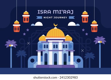 Al Isra Wal Miraj background. isra miraj celebration. The night journey of the Prophet Muhammad. February 7. Cartoon Vector illustration design for Poster, Banner, Greeting, Card, Flyer, Post, Cover.