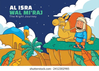 Al Isra Wal Miraj background. isra miraj celebration. The night journey of the Prophet Muhammad. February 7. Cartoon Vector illustration design for Poster, Banner, Greeting, Card, Flyer, Post, Cover.