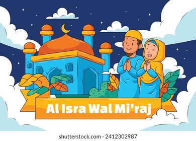 Al Isra Wal Miraj background. isra miraj celebration. The night journey of the Prophet Muhammad. February 7. Cartoon Vector illustration design for Poster, Banner, Greeting, Card, Flyer, Post, Cover.