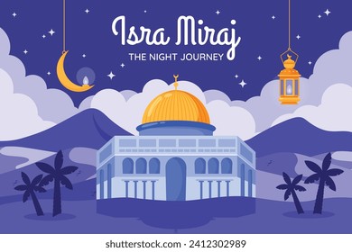 Al Isra Wal Miraj background. isra miraj celebration. The night journey of the Prophet Muhammad. February 7. Cartoon Vector illustration design for Poster, Banner, Greeting, Card, Flyer, Post, Cover.