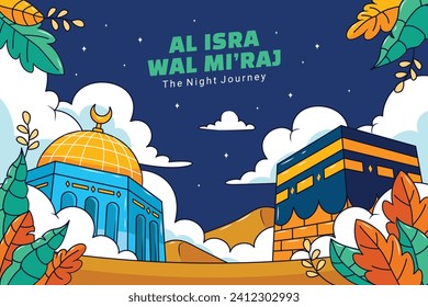 Al Isra Wal Miraj Hintergrund. Isra miraj Feier. Die Nachtreise des Propheten Mohammed. 7. Februar. Cartoon Vektorgrafik Design für Poster, Banner, Gruß, Karte, Flyer, Post, Cover.