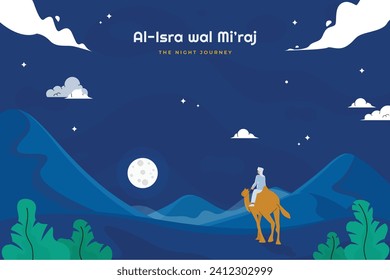 Al Isra Wal Miraj background. isra miraj celebration. The night journey of the Prophet Muhammad. February 7. Cartoon Vector illustration design for Poster, Banner, Greeting, Card, Flyer, Post, Cover.