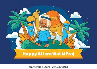 Al Isra Wal Miraj background. isra miraj celebration. The night journey of the Prophet Muhammad. February 7. Cartoon Vector illustration design for Poster, Banner, Greeting, Card, Flyer, Post, Cover.