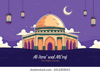 Al Isra Wal Miraj background. isra miraj celebration. The night journey of the Prophet Muhammad. February 7. Cartoon Vector illustration design for Poster, Banner, Greeting, Card, Flyer, Post, Cover.