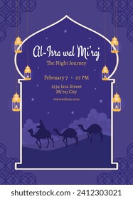 Al Isra Wal Miraj background. isra miraj celebration. The night journey of the Prophet Muhammad. February 7. Cartoon Vector illustration design for Poster, Banner, Greeting, Card, Flyer, Post, Cover.