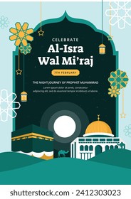 Al Isra Wal Miraj background. isra miraj celebration. The night journey of the Prophet Muhammad. February 7. Cartoon Vector illustration design for Poster, Banner, Greeting, Card, Flyer, Post, Cover.