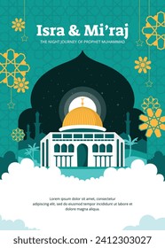 Al Isra Wal Miraj background. isra miraj celebration. The night journey of the Prophet Muhammad. February 7. Cartoon Vector illustration design for Poster, Banner, Greeting, Card, Flyer, Post, Cover.