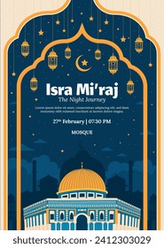 Al Isra Wal Miraj de fondo. celebración de isra miraj. El viaje nocturno del Profeta Mahoma. 7 de febrero. Diseño de ilustración de vectores de caricatura para afiches, banner, saludo, tarjeta, volante, publicación, portada.