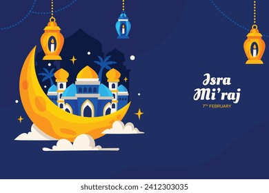 Al Isra Wal Miraj background. isra miraj celebration. The night journey of the Prophet Muhammad. February 7. Cartoon Vector illustration design for Poster, Banner, Greeting, Card, Flyer, Post, Cover.